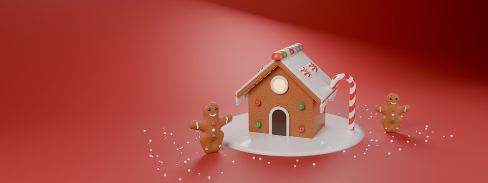 3D render of gingerbread house and gingerbread man cookie on red background, Christmas holiday baking concept