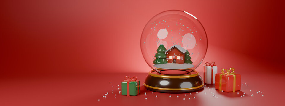 3D render of Christmas snow globe with house and tree inside surrounded by gifts on red background, holiday concept