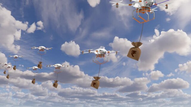 A fleet of delivery drones carrying money bags with rupee symbols flies across a blue sky with clouds.