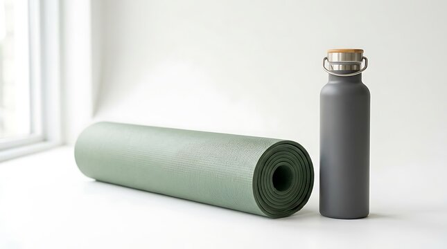 Rolled sage green yoga mat alongside dark gray metallic water bottle on white surface