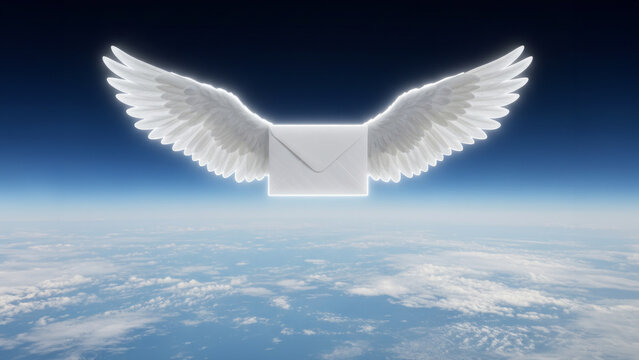 Glowing white envelope with wings flying above earth in high altitude orbit