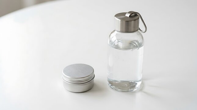 Reusable transparent glass water bottle alongside metallic cosmetic tin container on white surface
