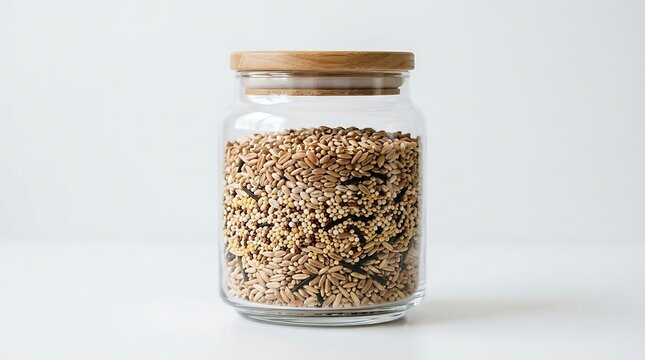 Clear glass jar filled with various mixed organic grains sitting on white surface background