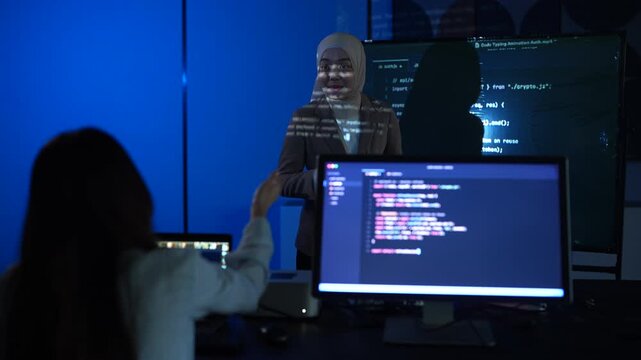 Muslim female software developer presenting programming code on large IT screen at team meetings, Asian woman explaining IT projects to colleagues, Tech diversity and corporate collaboration concepts