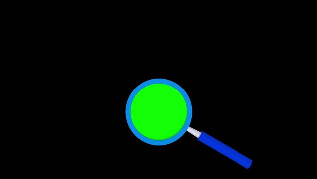 A blue magnifying glass with a green screen lens moves across a black background