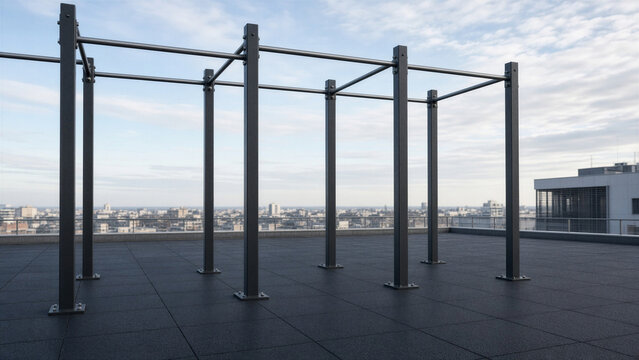 Rooftop rubber tiles metal pull-up rig city skyline copy space