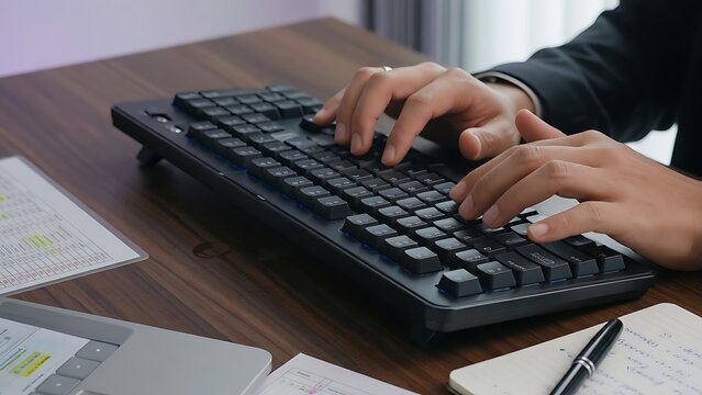 Close-up of hands operating a computer keyboard as the main subject, modern high-competence workplace suggesting careful review, analytical drafting, and solution-oriented business work in a composed 