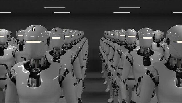 Rows of white humanoid robots standing in formation in loop animation