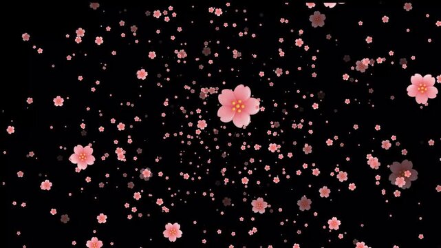 cherry blossom petals falling gently against a deep dark black background in spring