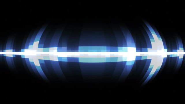 Vintage Computer Style Audio Visualizer With Blocky Blue Pixels Vibrate in Rapid Rhythm On Solid Black Background. Energetic Techno Party Backdrop