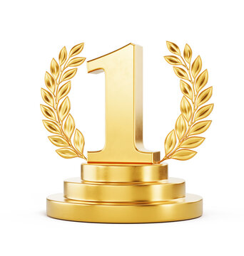 First place Winner award. Golden Number one with laurel wreath on podium. 3d illustration.
