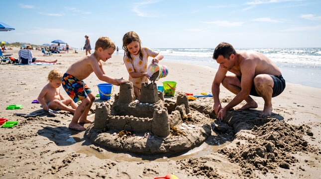 Family enjoys building a large sandcastle together on a sunny beach day with the ocean in the background