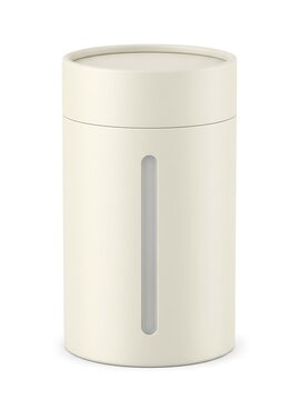 A simple white cardboard cylindrical tube container with a vertical window design for product storage. frosted window packaging