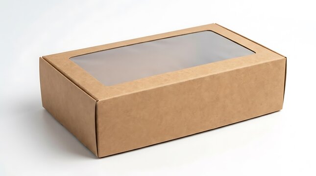 Empty brown cardboard box with a clear plastic window for food packaging or retail product display. frosted window packaging