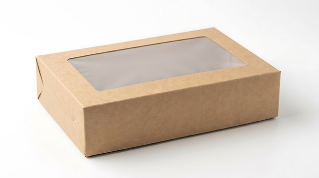 Empty brown cardboard box with a clear plastic window for food packaging and retail product storage. frosted window packaging