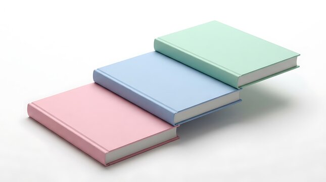 Three colorful hardcover books in pastel pink blue and green colors stacked in a simple neat arrangement. 3 book mockup