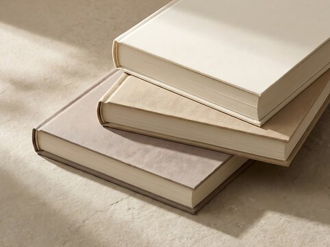 Three blank hardcover books stacked on top of each other with soft shadows in a bright minimalist room. 3 book mockup