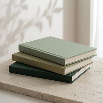 A stack of three simple gray hardcover books resting on a rustic stone surface near a bright window. 3 book mockup