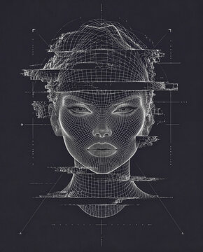 Fragmented wireframe female face with digital glitch lines