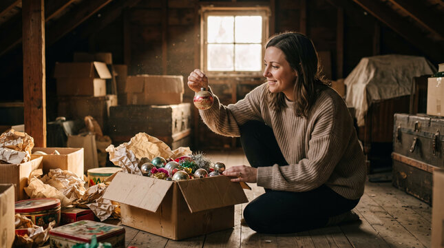 Woman sorting through old Christmas ornaments in a dusty attic filled with boxes and trunks