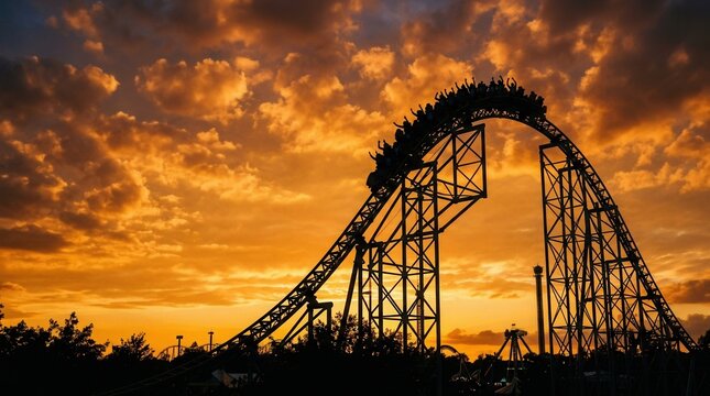 A dramatic orange sunset sky backdrop for a silhouetted roller coaster train cresting a peak