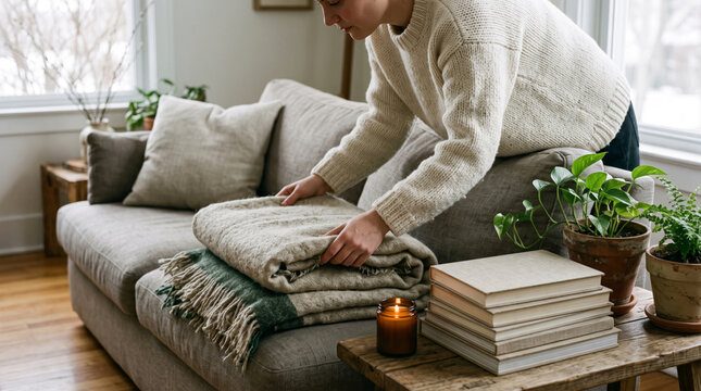 Cozy Living Room Scene with Person Folding Blanket Near Plants and Books