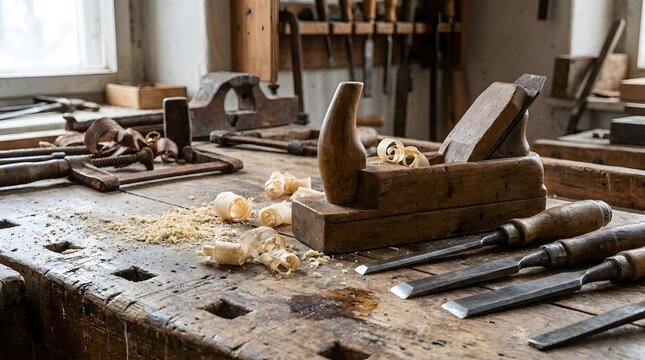 Wooden hand plane and chisels captured in high resolution studio setting with soft natural ambient lighting clean composition generous copy space horizontal perspective for commercial advertising
