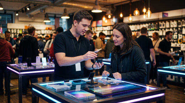 Sales associate demonstrates wireless earbuds to a customer in a modern electronics store with glowing displays