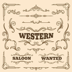 Vintage western ornaments, decorative flourishes, and saloon text dividers set © nimaxs