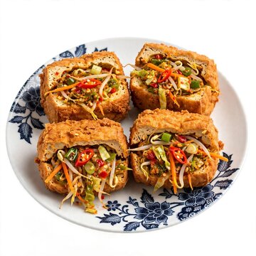 Tahu Isi Sayur Pedas Stuffed Tofu Vegetables White Plate Blue Batik Motif Isolated 