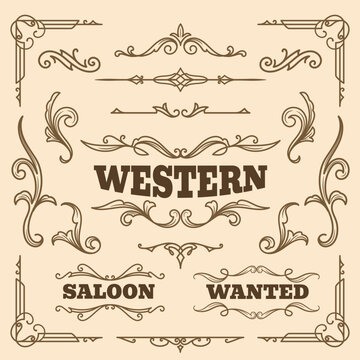 Vintage western ornaments, decorative flourishes, and saloon text dividers set