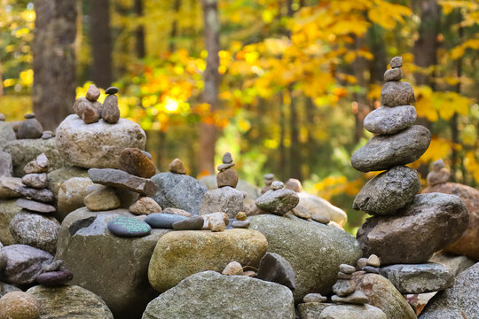 Stone Cairns and Memorial Piles at Henry David Thoreau Cabin Site in Walden Pond Woods