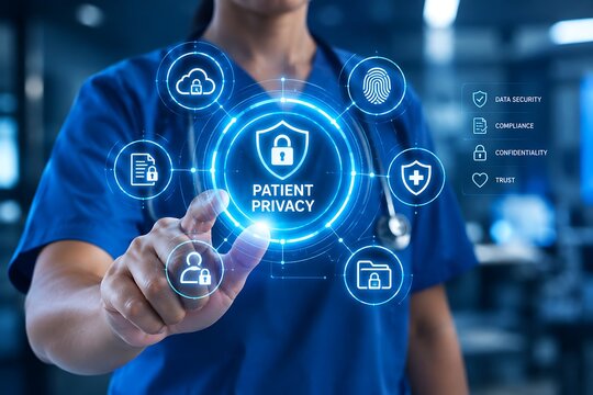 Doctor interacting with a digital interface displaying healthcare data privacy and security concepts