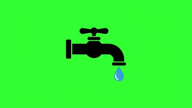 Black Leaking Faucet Icon with Water Drop Animation on a Green Screen