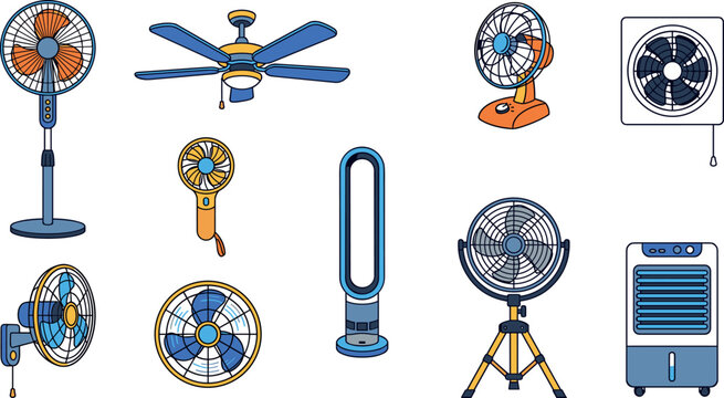 Electric fan icon set vector collection showing home ventilation appliances including ceiling fan floor stand desk fan bladeless cooler and exhaust ventilator system