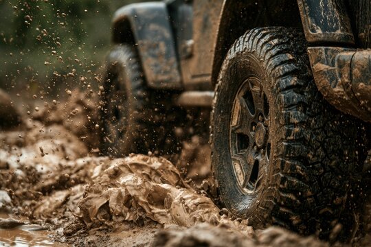Off-road vehicle tire churning through deep mud, flinging muddy water across rugged terrain