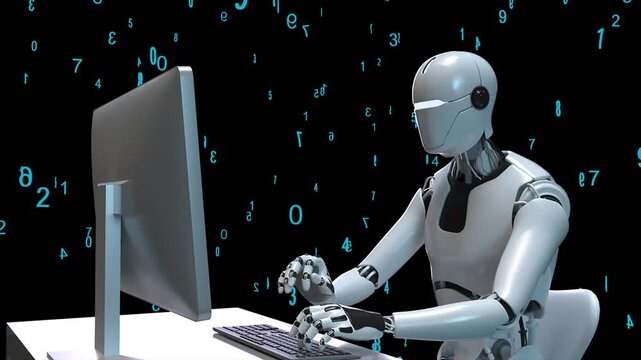 White humanoid robot typing on computer with floating digital numbers
