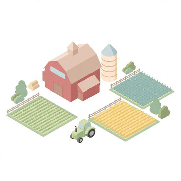 Isometric Farm with Barn Tractor and Crop Fields Illustration