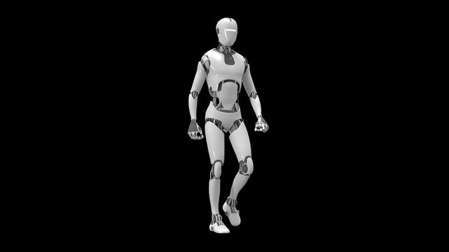 White humanoid robot walking in perspective view in loop animation