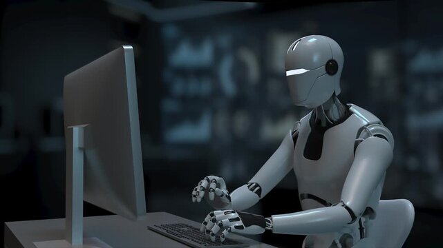 White humanoid robot operating a desktop computer in an office