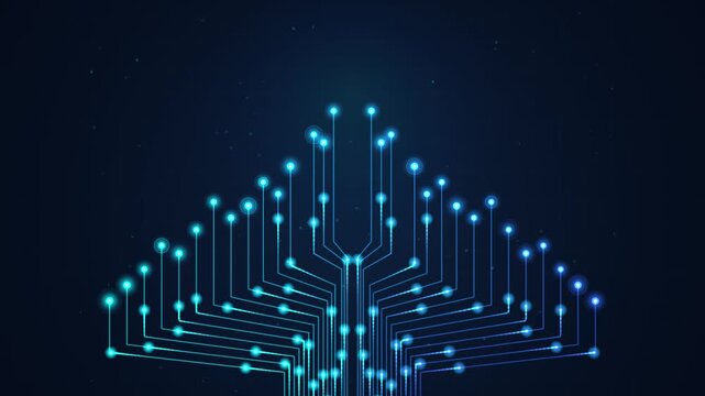 Static shot of glowing digital circuit board tree with flowing data pulses