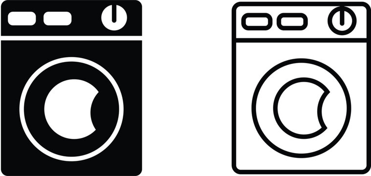 Washing machine icon set vector with laundry appliance and clothes washer symbol. Home appliance and laundry cleaning concept. Black solid and outline washing machine 
