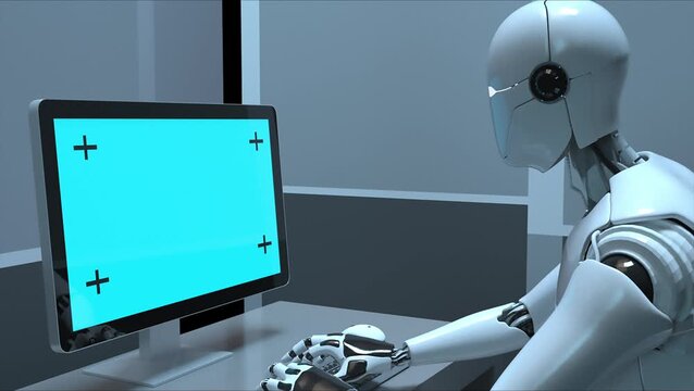 White humanoid robot working on computer with tracking markers on screen