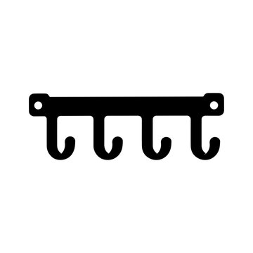 Minimalist Black Flat Vector Graphic of Wall Mounted Coat Hook Rack with Four Hangers Isolated on Clean White Background   