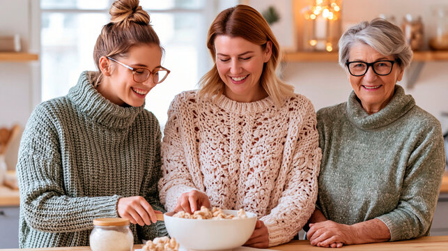 Three generations of women smiling together in a cozy kitchen, celebrating girlhood, family connection and joyful moments across generations