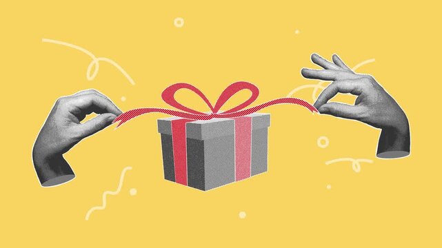 Two halftone hands repeatedly pulling ribbon on gift box with scribble doodles on yellow background. Retro pop art style seamless loop for holiday and gifting content.
