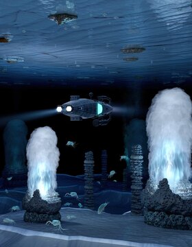 Submarine explores alien ocean floor with glowing vents and bizarre formations