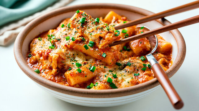 Korean fusion tteokbokki with spicy creamy sauce, melted cheese, rice cakes and green onions served in a bowl with chopsticks