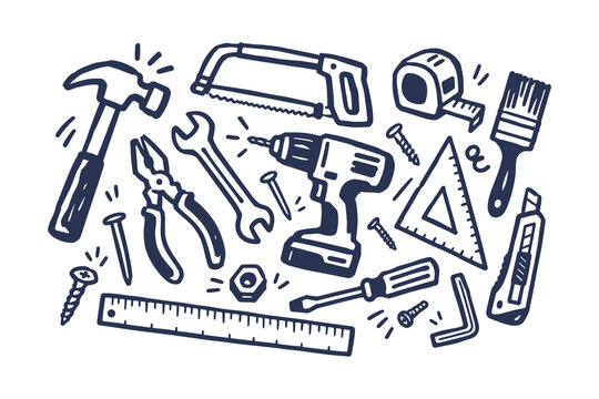 DIY Repair Tools Hand Drawn Doodle Set with Hammer, Drill and Saw
