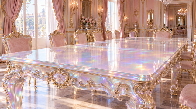 Luxurious pink Rococo palace dining room with an iridescent pearl table in natural light